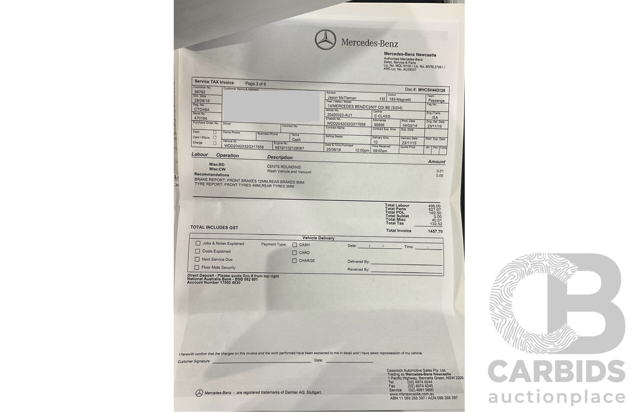 8/2014 Mercedes Benz C250 CDI Elegance W204 MY14 4d Wagon Magnetite Black Metallic Turbo Diesel 2.1L