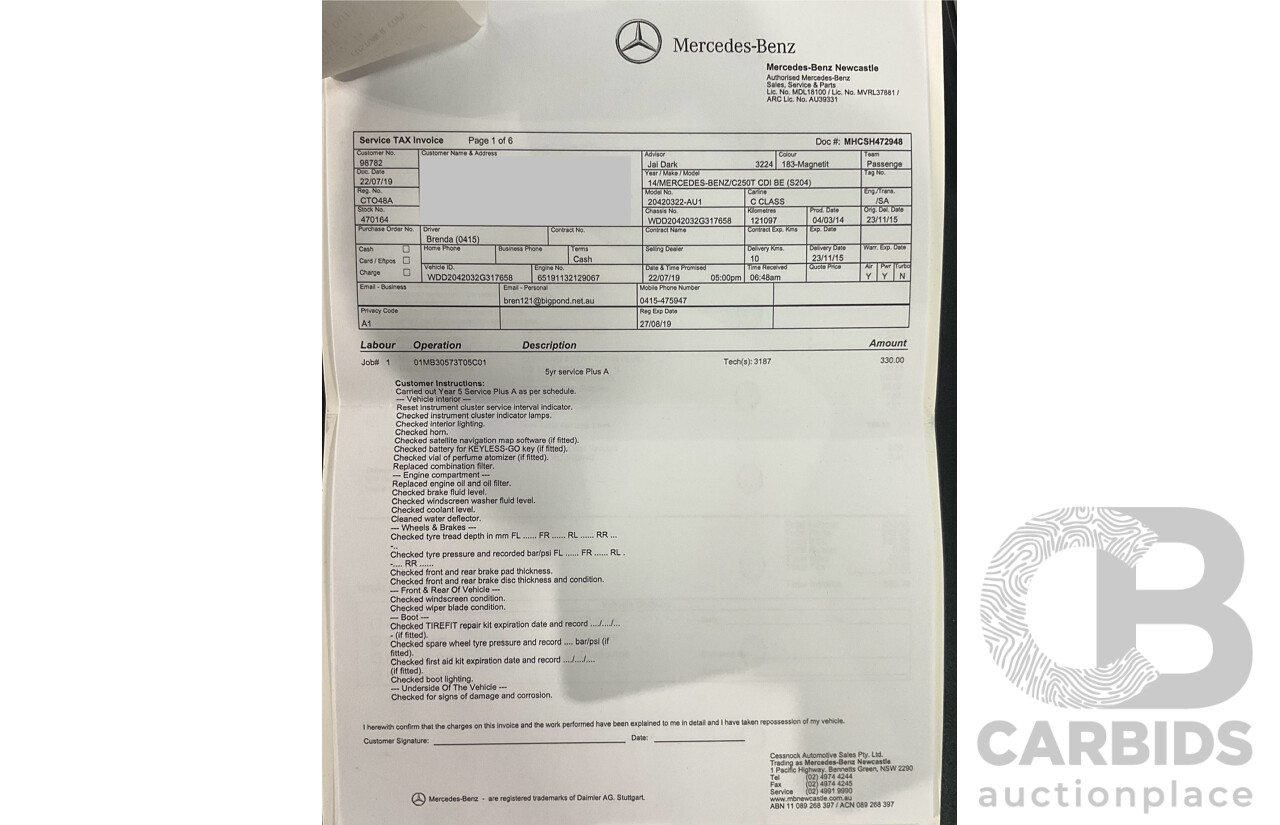 8/2014 Mercedes Benz C250 CDI Elegance W204 MY14 4d Wagon Magnetite Black Metallic Turbo Diesel 2.1L