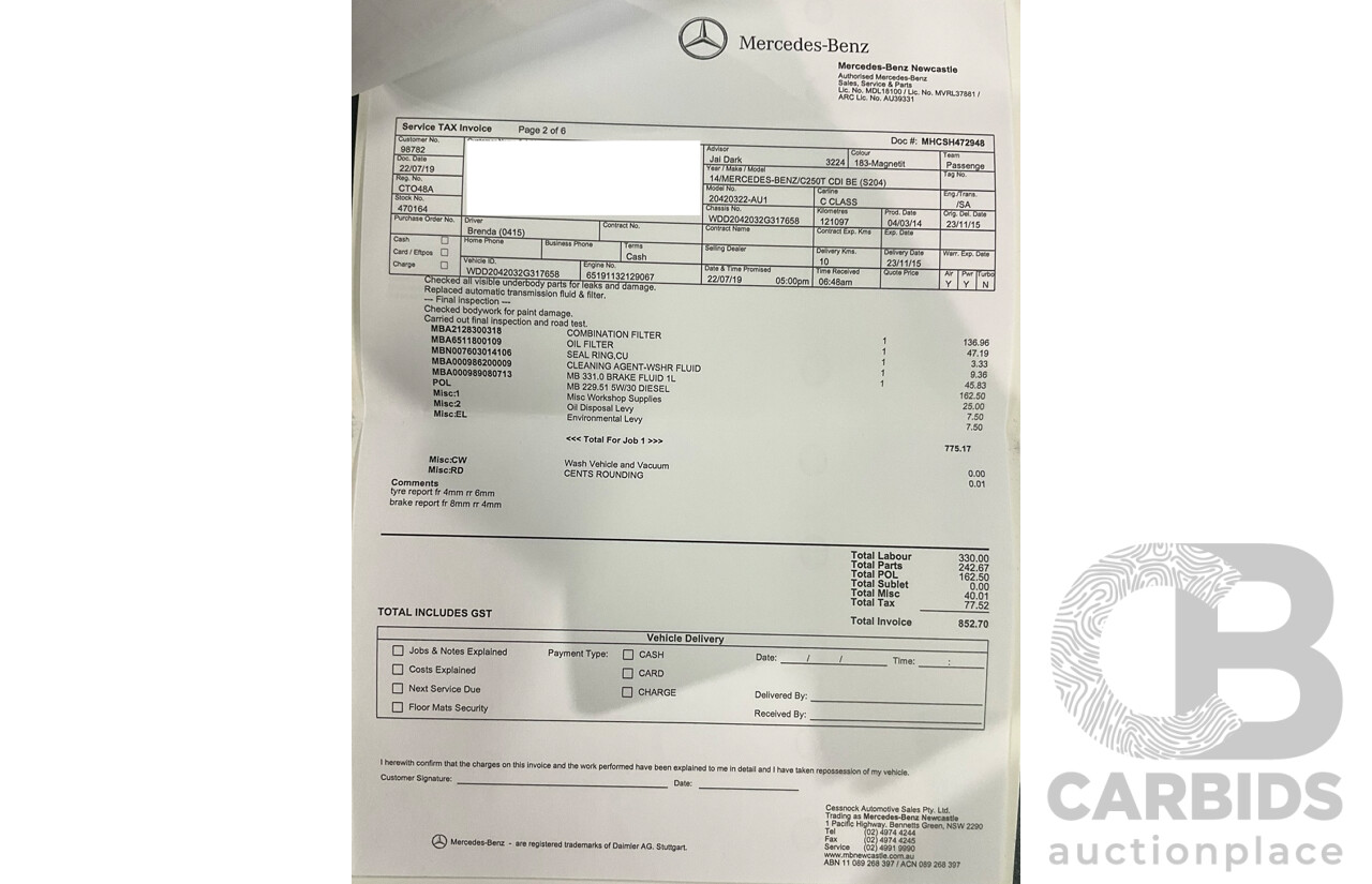 8/2014 Mercedes Benz C250 CDI Elegance W204 MY14 4d Wagon Magnetite Black Metallic Turbo Diesel 2.1L