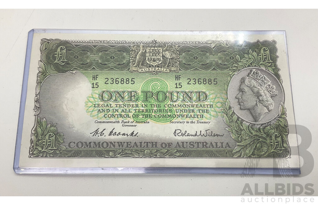 1961 Australian One Pound Note HF15 236885 A/UNC, R34b.
