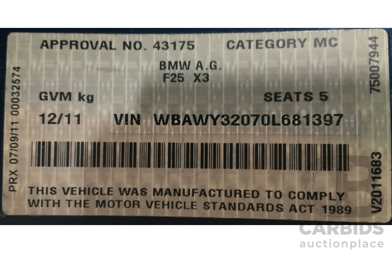 12/2011 BMW X3 Xdrive 20d (AWD) F25 4d Wagon Deep Sea Blue Metallic Turbo Diesel 2.0L