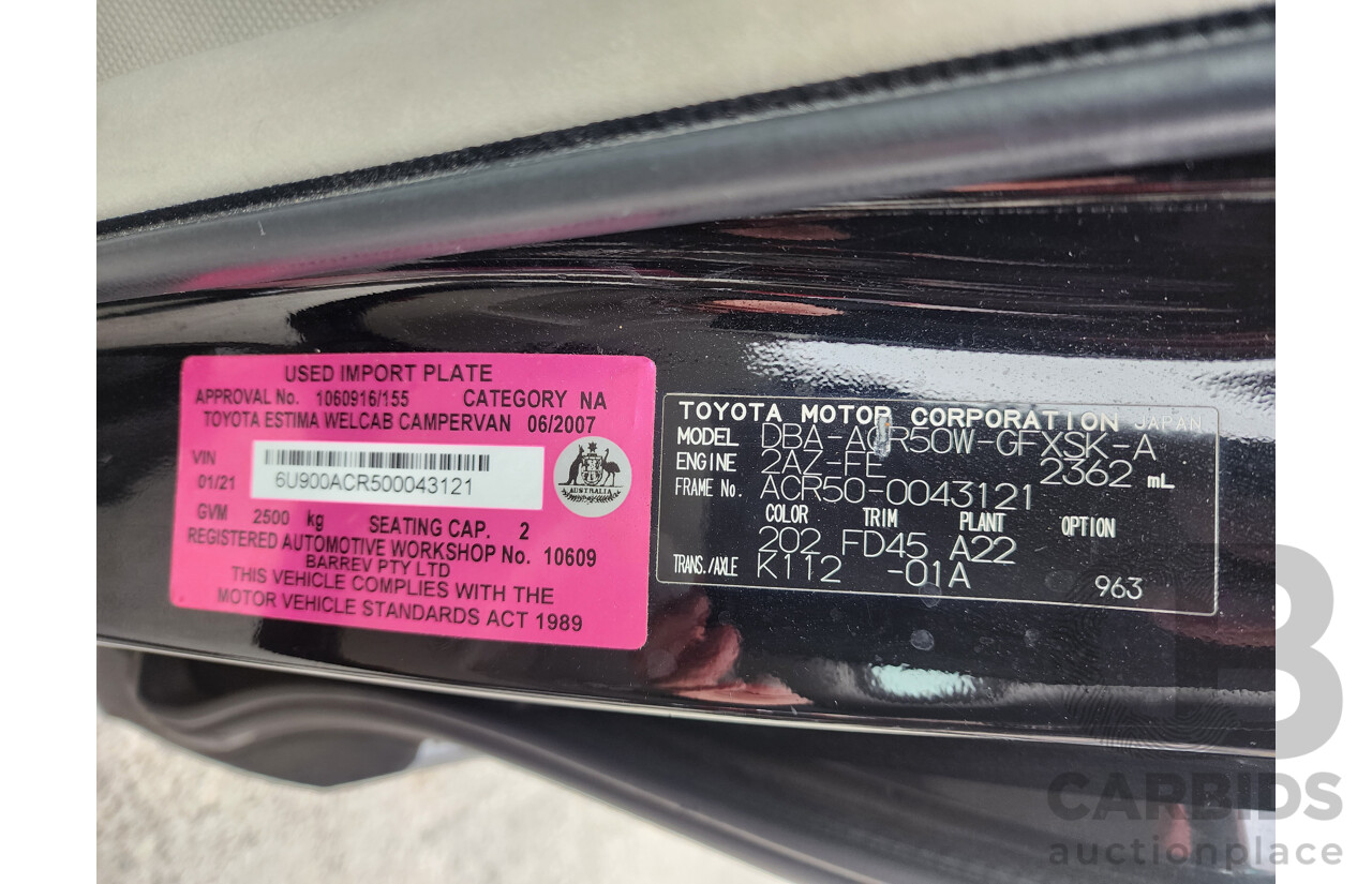 6/2007 Imported and modified Toyota Estima Welcab CamperVan ACR50 4d Wagon Black 2.4L