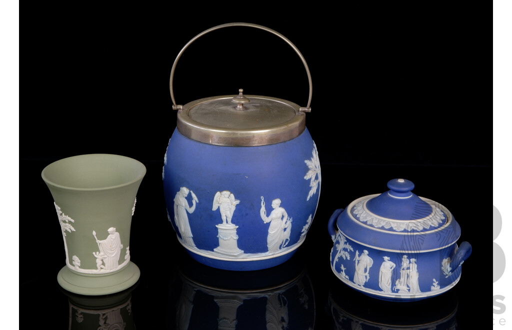 Collection Antique and Vintage Wedgwood Jasperware Including Biscuit Barrel with Silver Plate Collar and Lid and More