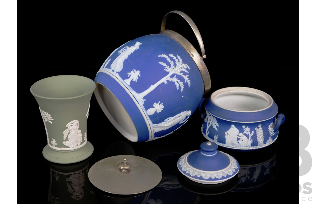 Collection Antique and Vintage Wedgwood Jasperware Including Biscuit Barrel with Silver Plate Collar and Lid and More