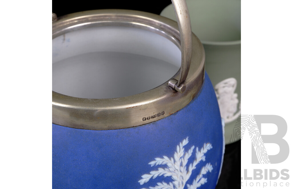 Collection Antique and Vintage Wedgwood Jasperware Including Biscuit Barrel with Silver Plate Collar and Lid and More