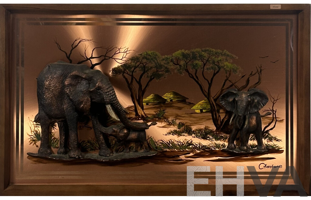 Gastone, 3D African Elephants, Handmade and Painted Pure Copper and Oil, 59 X 94 Cm (frame)