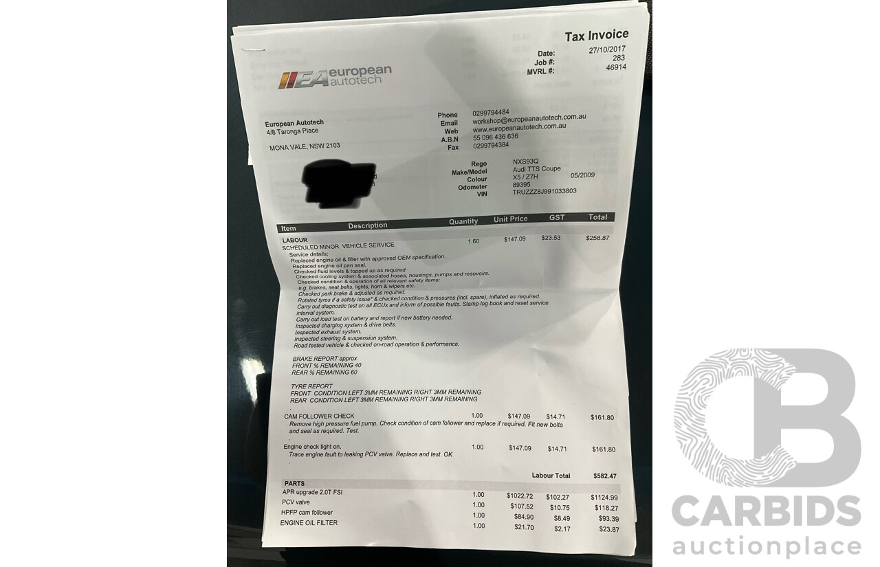 8/2009 Audi TT S 2.0 TFSI Quattro (AWD) 8J 2d Coupe Dolphin Grey Turbo 2.0L