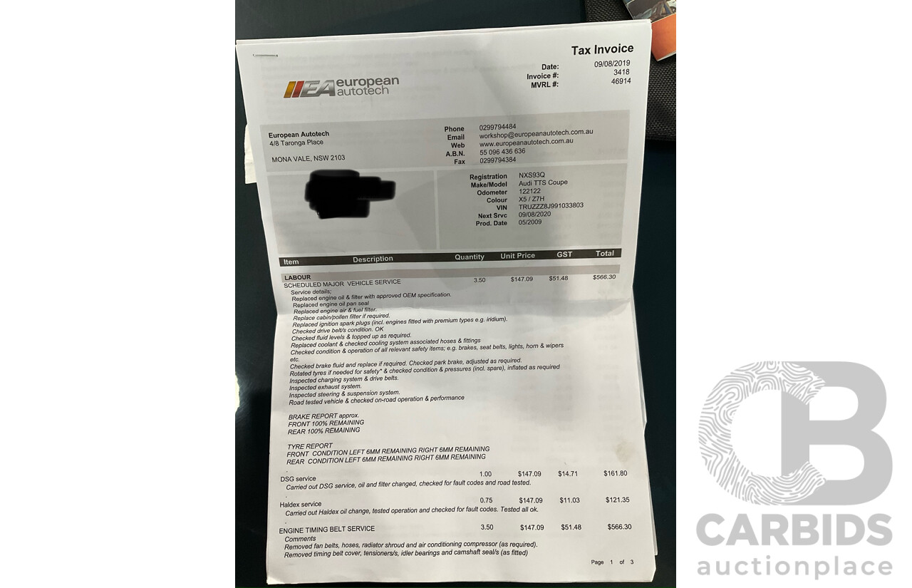 8/2009 Audi TT S 2.0 TFSI Quattro (AWD) 8J 2d Coupe Dolphin Grey Turbo 2.0L