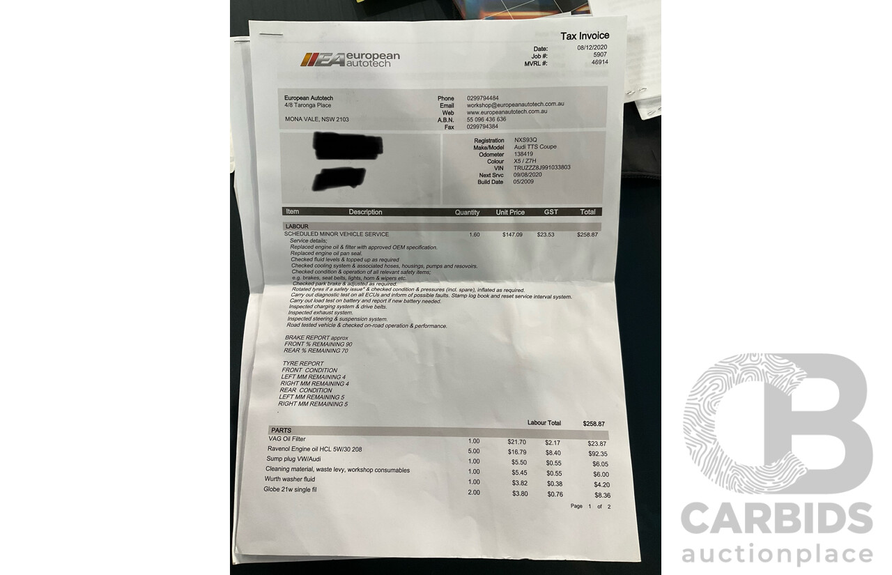 8/2009 Audi TT S 2.0 TFSI Quattro (AWD) 8J 2d Coupe Dolphin Grey Turbo 2.0L