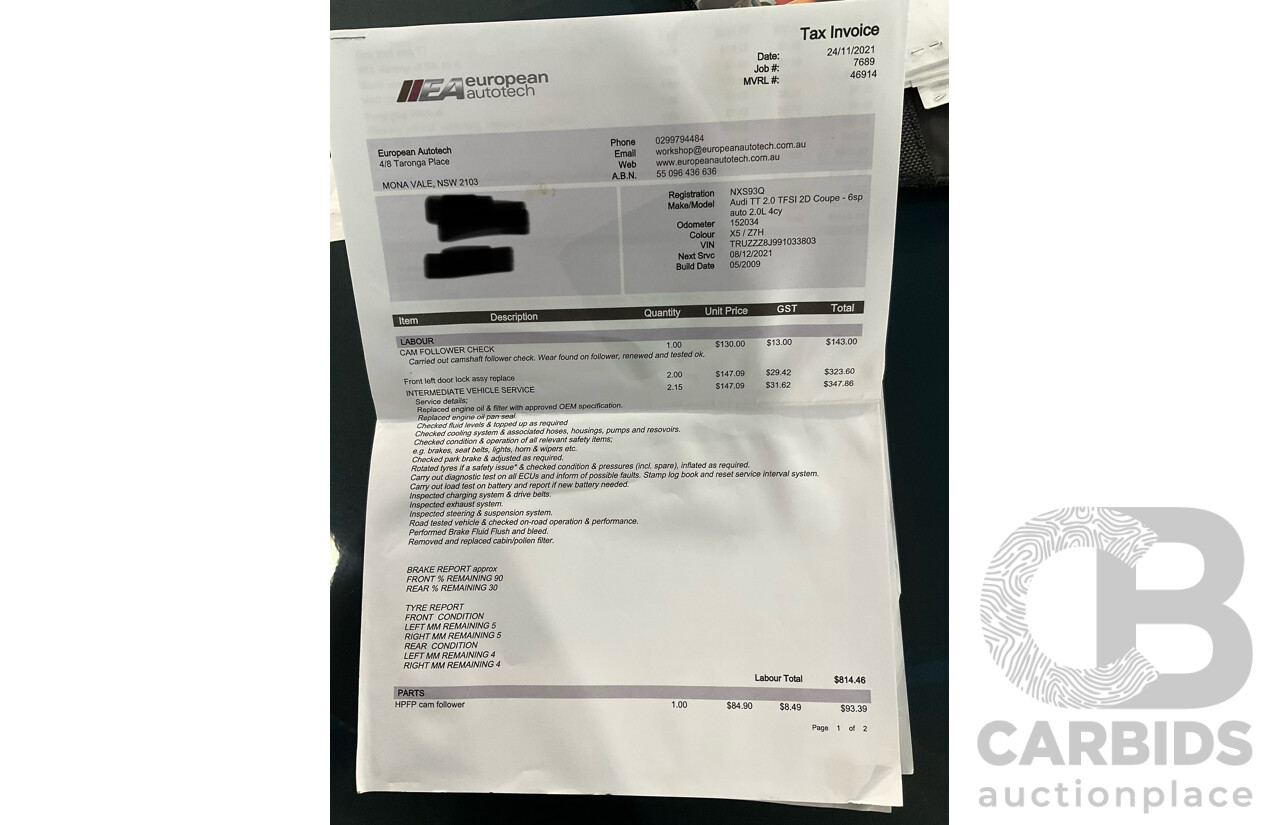 8/2009 Audi TT S 2.0 TFSI Quattro (AWD) 8J 2d Coupe Dolphin Grey Turbo 2.0L