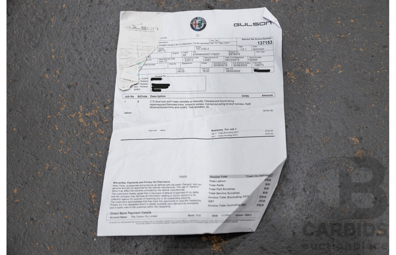 2/2013 Alfa Romeo Giulietta Distinctive Jtd-M 5d Hatchback Alfa Red Turbo Diesel 2.0L