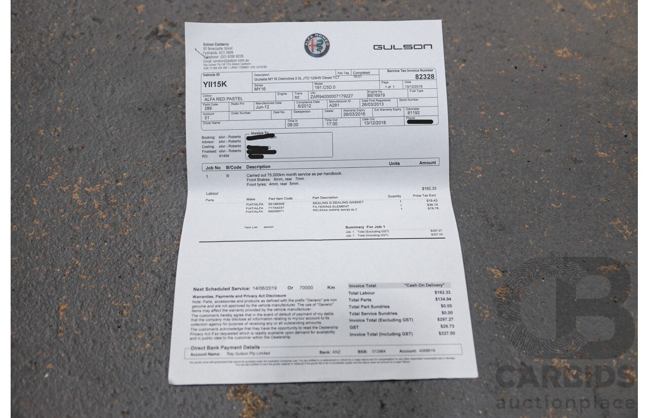 2/2013 Alfa Romeo Giulietta Distinctive Jtd-M 5d Hatchback Alfa Red Turbo Diesel 2.0L