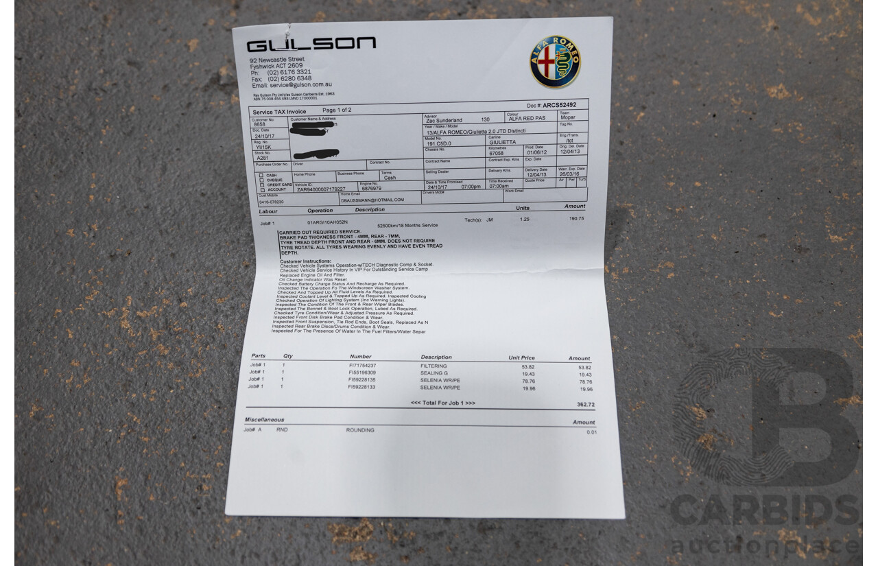 2/2013 Alfa Romeo Giulietta Distinctive Jtd-M 5d Hatchback Alfa Red Turbo Diesel 2.0L