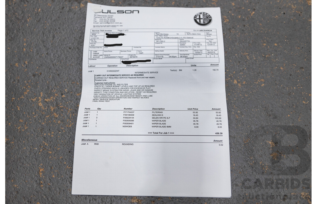 2/2013 Alfa Romeo Giulietta Distinctive Jtd-M 5d Hatchback Alfa Red Turbo Diesel 2.0L