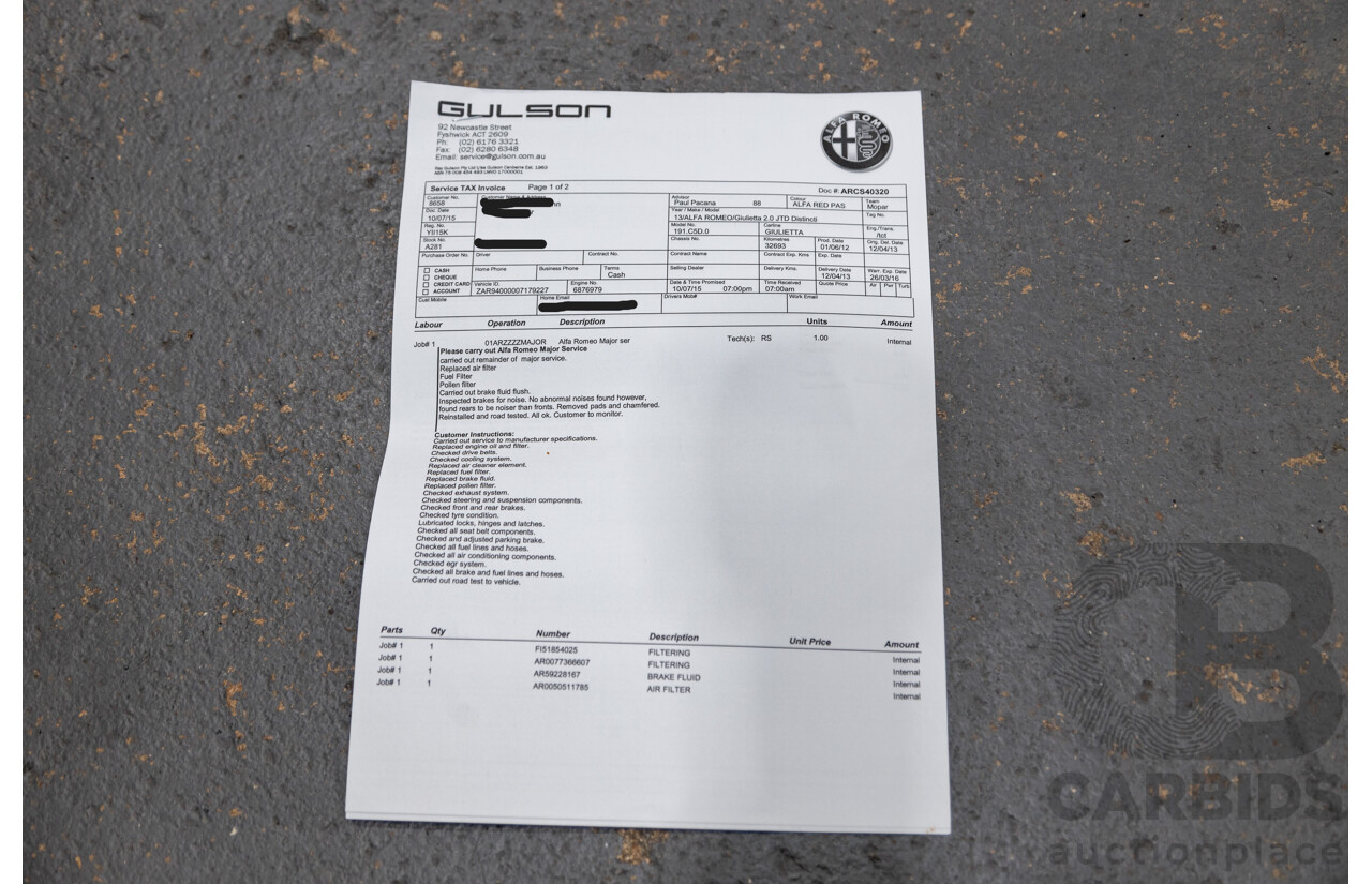 2/2013 Alfa Romeo Giulietta Distinctive Jtd-M 5d Hatchback Alfa Red Turbo Diesel 2.0L