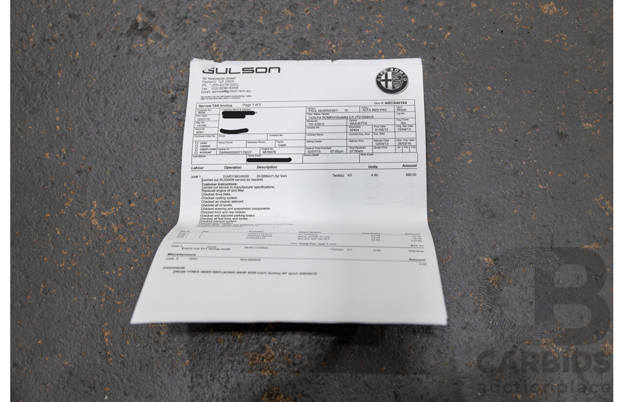 2/2013 Alfa Romeo Giulietta Distinctive Jtd-M 5d Hatchback Alfa Red Turbo Diesel 2.0L