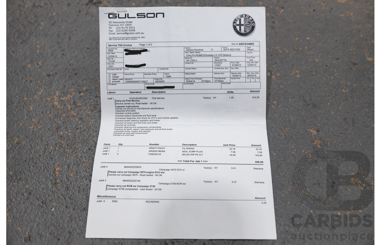 2/2013 Alfa Romeo Giulietta Distinctive Jtd-M 5d Hatchback Alfa Red Turbo Diesel 2.0L