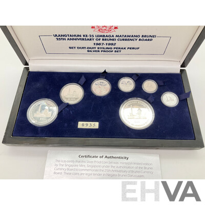 Brunei Singapore Mint 1992 Silver Proof Seven Coin Set, 25th Anniversary of Brunei Currency Board 1967-1992 - 0935 of 2000