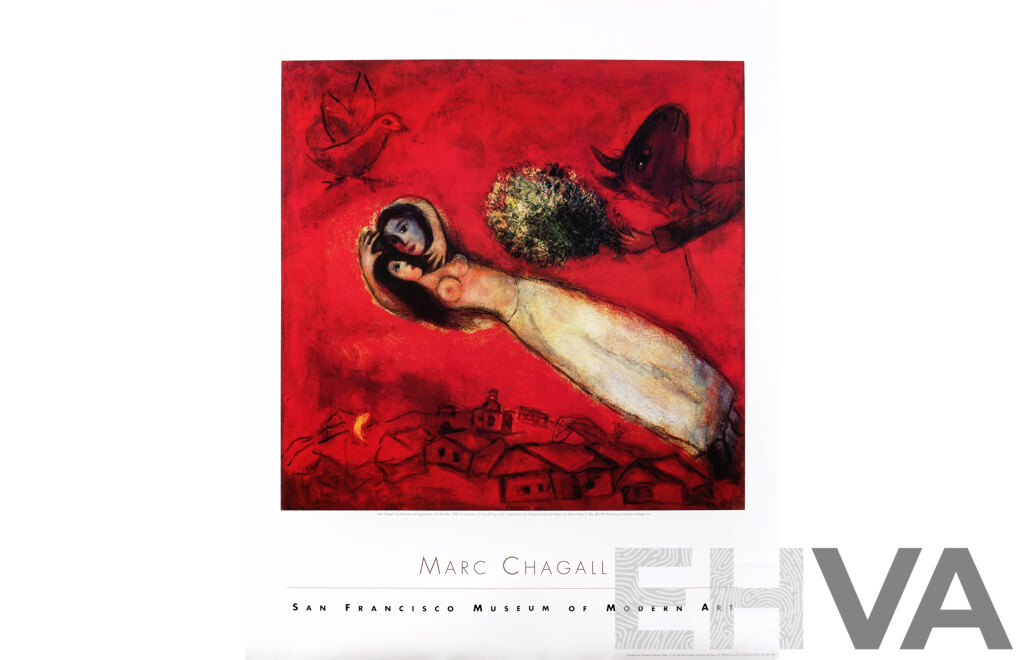 Marc Chagall, (Russian-French,1887-1985), Les Amants Au Ciel Rouge [Lovers in the Red Sky], Reproduction Colour Poster of Original 1950 Oil on Canvas, Published by San Francisco Museum of Modern Art, 1995,