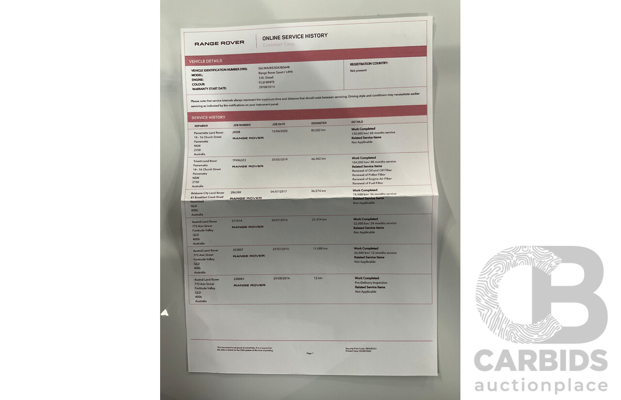 8/2014 Range Rover Range Rover Sport 3.0 SDV6 HSE LW 4d Wagon Fuji White Turbo Diesel V6 3.0L