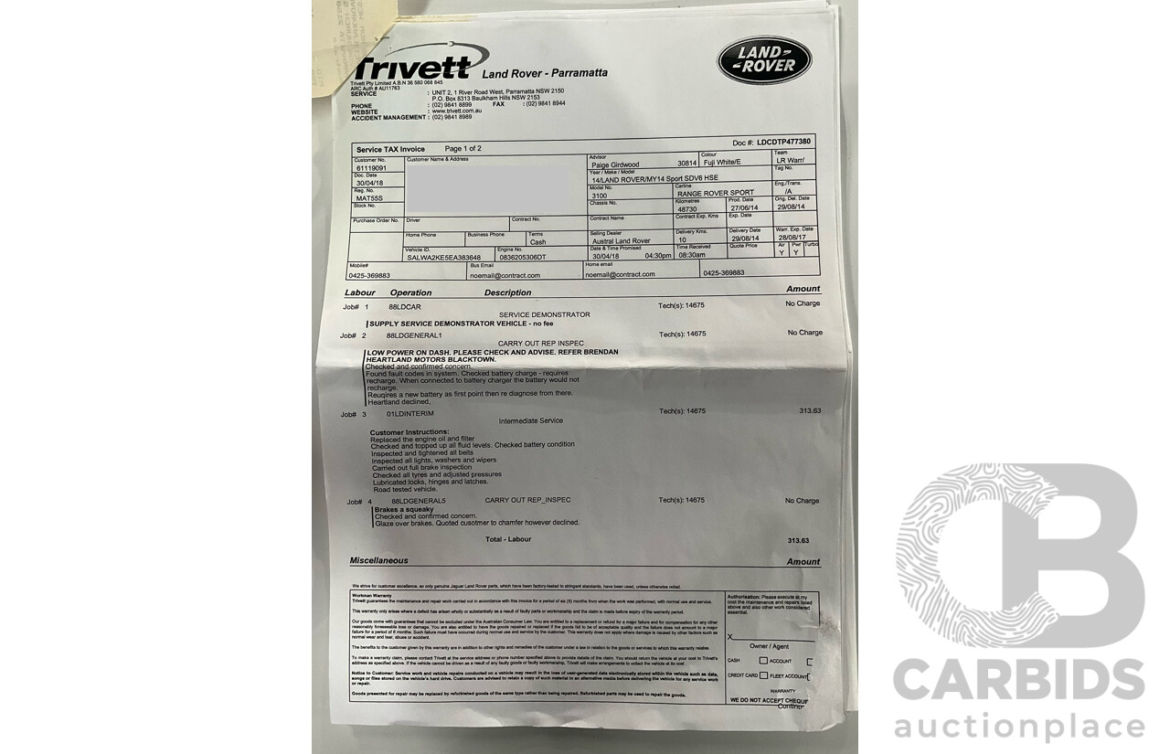 8/2014 Range Rover Range Rover Sport 3.0 SDV6 HSE LW 4d Wagon Fuji White Turbo Diesel V6 3.0L