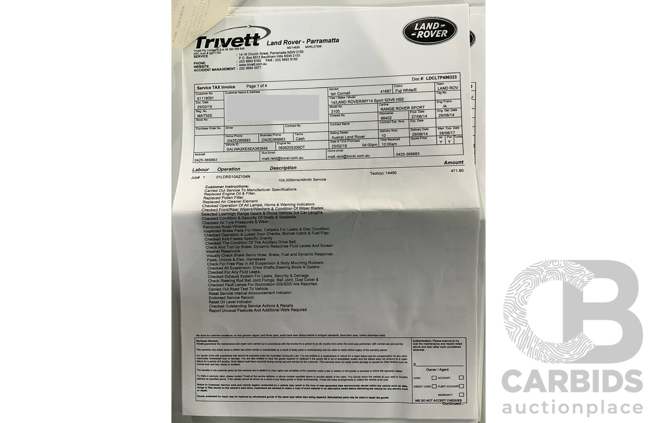 8/2014 Range Rover Range Rover Sport 3.0 SDV6 HSE LW 4d Wagon Fuji White Turbo Diesel V6 3.0L