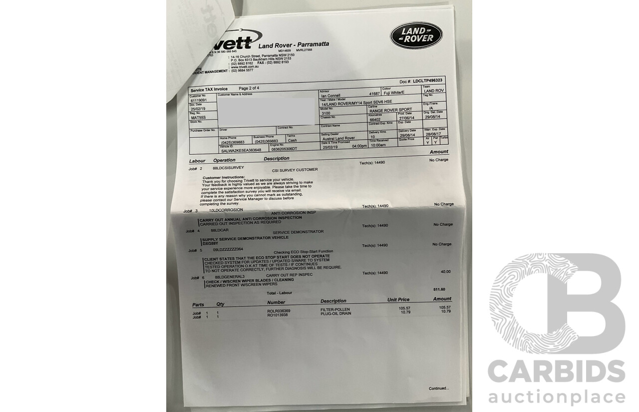 8/2014 Range Rover Range Rover Sport 3.0 SDV6 HSE LW 4d Wagon Fuji White Turbo Diesel V6 3.0L