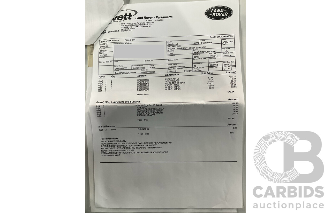 8/2014 Range Rover Range Rover Sport 3.0 SDV6 HSE LW 4d Wagon Fuji White Turbo Diesel V6 3.0L