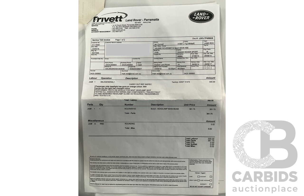 8/2014 Range Rover Range Rover Sport 3.0 SDV6 HSE LW 4d Wagon Fuji White Turbo Diesel V6 3.0L