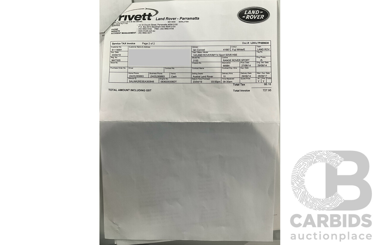 8/2014 Range Rover Range Rover Sport 3.0 SDV6 HSE LW 4d Wagon Fuji White Turbo Diesel V6 3.0L