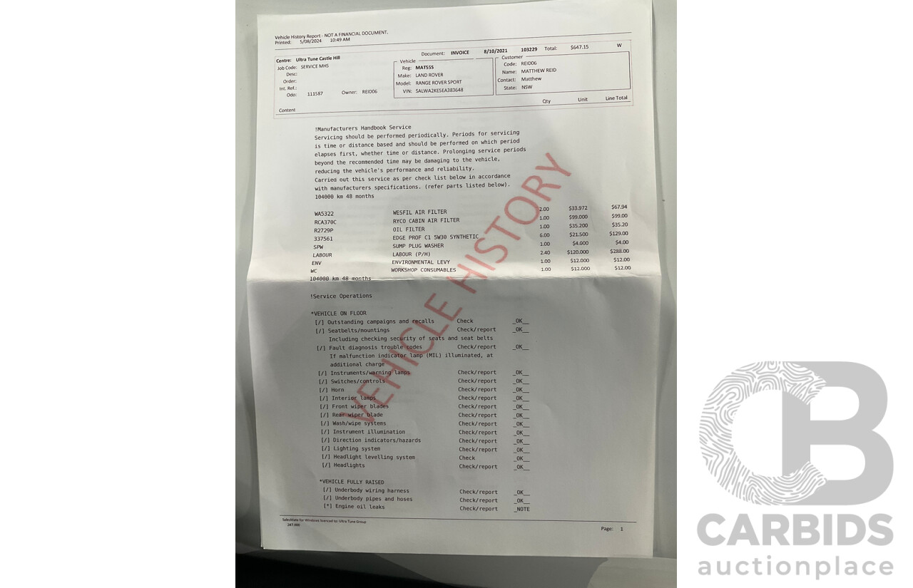 8/2014 Range Rover Range Rover Sport 3.0 SDV6 HSE LW 4d Wagon Fuji White Turbo Diesel V6 3.0L