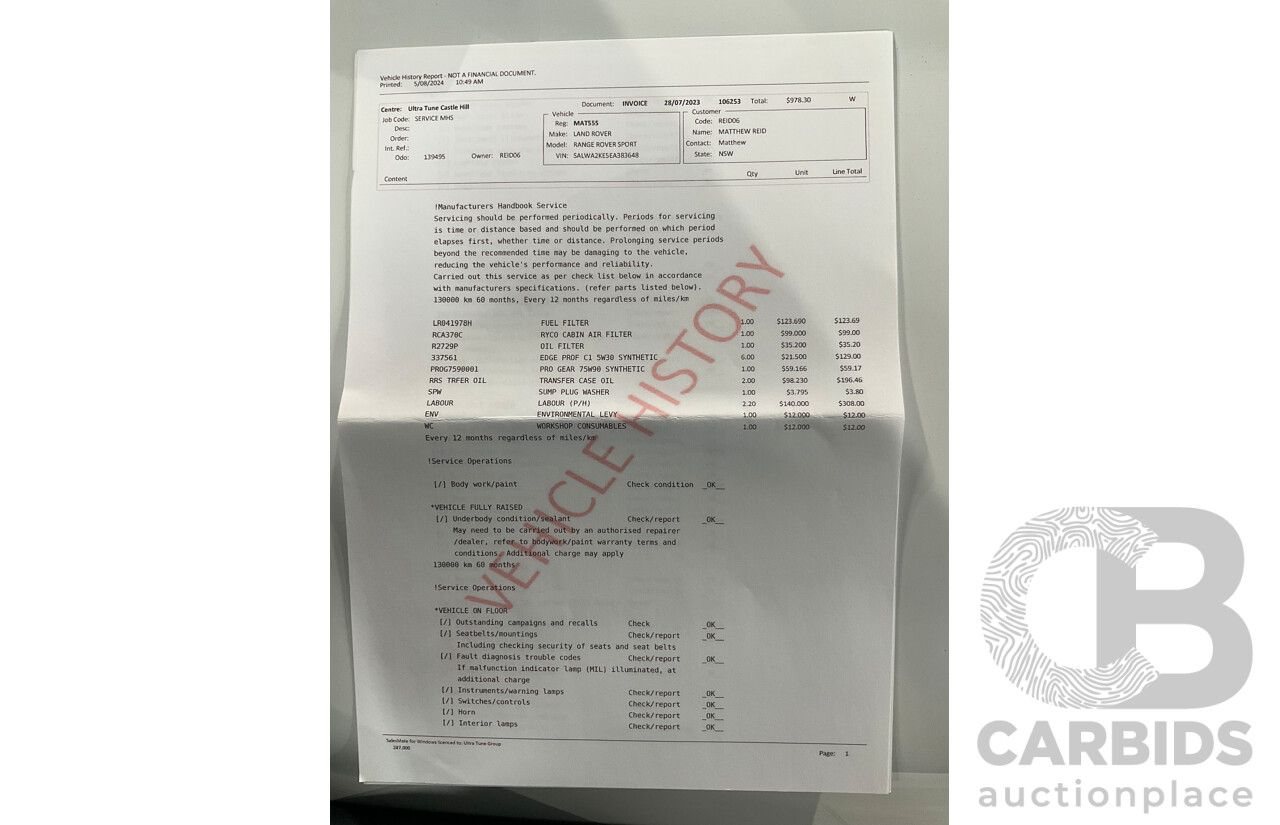 8/2014 Range Rover Range Rover Sport 3.0 SDV6 HSE LW 4d Wagon Fuji White Turbo Diesel V6 3.0L