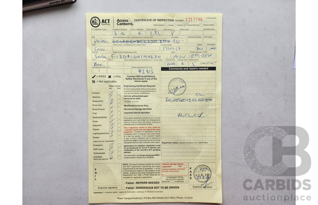 3/2016 Holden Cruze Z-Series JH MY14 5d Hatchback Blue 1.8L