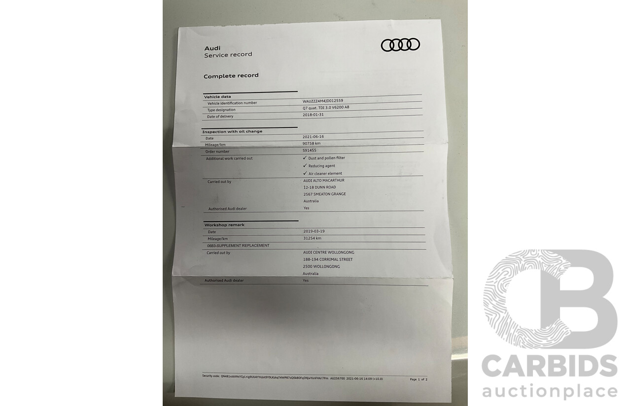 01/2018 Audi Q7 3.0 TDI Quattro (AWD) 4M MY18 4d Wagon Carrara White Turbo Diesel V6 3.0L - 7 Seater