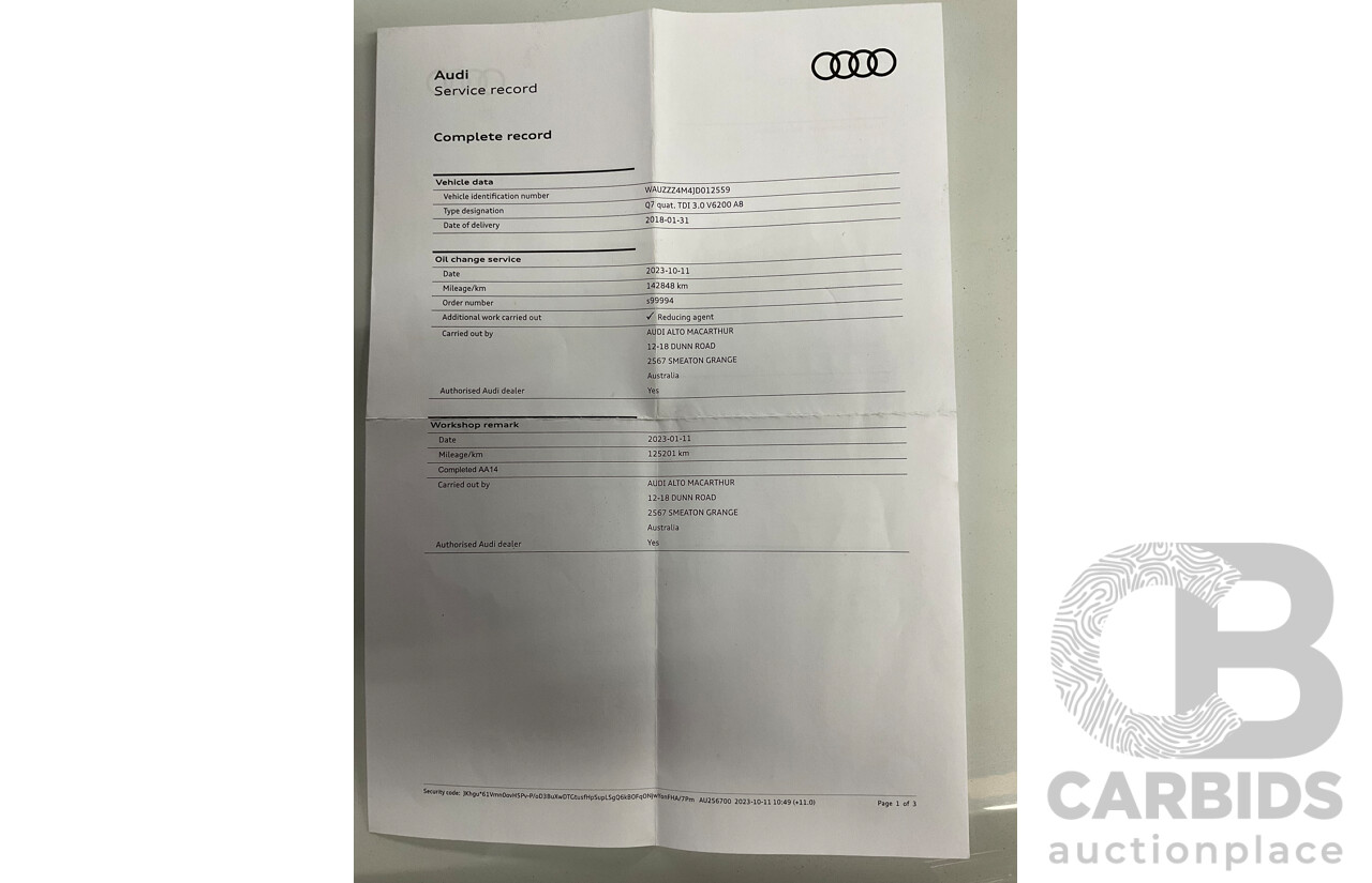 01/2018 Audi Q7 3.0 TDI Quattro (AWD) 4M MY18 4d Wagon Carrara White Turbo Diesel V6 3.0L - 7 Seater