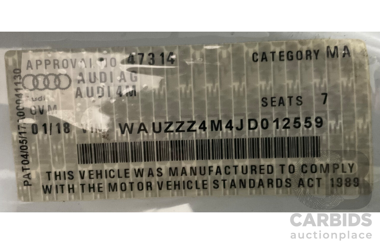 01/2018 Audi Q7 3.0 TDI Quattro (AWD) 4M MY18 4d Wagon Carrara White Turbo Diesel V6 3.0L - 7 Seater