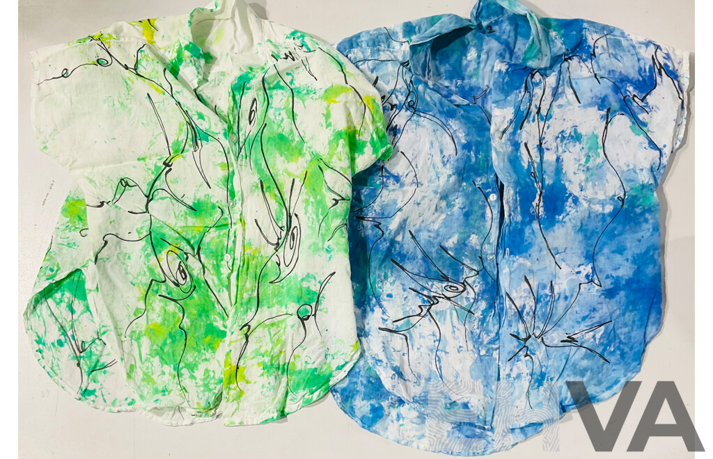 2 X Vintage Sleeve Cotton Shirts Nicolai Michoutouchkine, Russia/Vanuatu 1929-2010, Hand Painted C.1980s Ink/Dye on Fabric