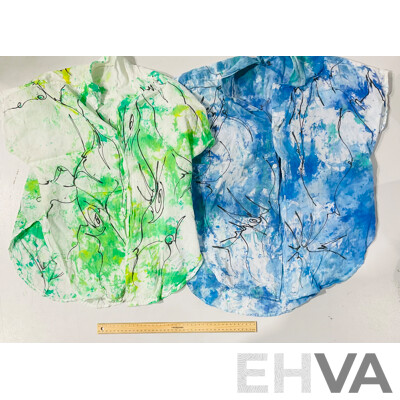 2 X Vintage Sleeve Cotton Shirts Nicolai Michoutouchkine, Russia/Vanuatu 1929-2010, Hand Painted C.1980s Ink/Dye on Fabric