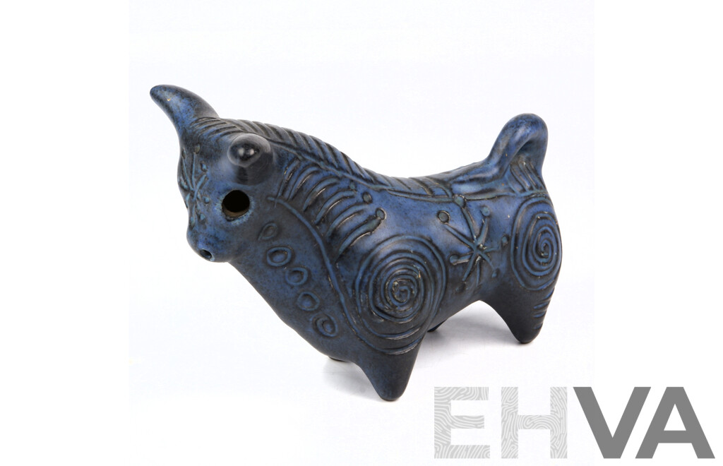 Australian Studio Pottery Glazed Bull Figure with Incised Decoration Gus Mclaren of MCL