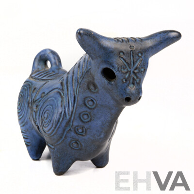 Australian Studio Pottery Glazed Bull Figure with Incised Decoration Gus Mclaren of MCL