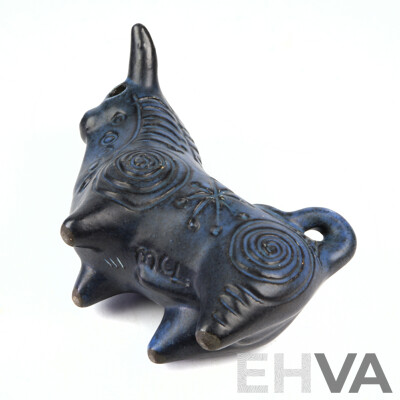 Australian Studio Pottery Glazed Bull Figure with Incised Decoration Gus Mclaren of MCL