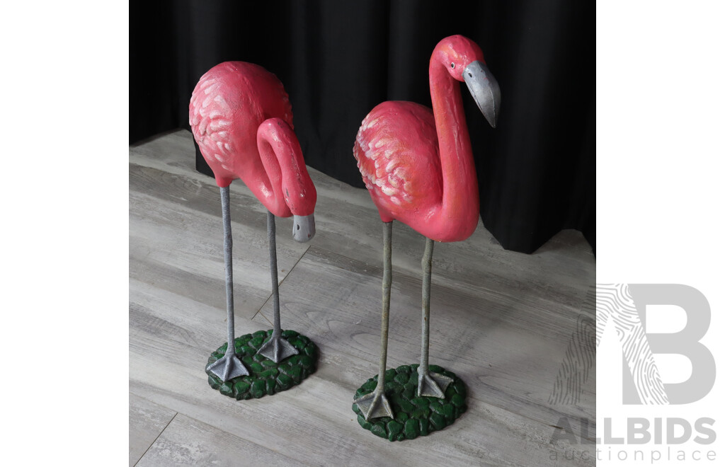 Pair of Large Cast Iron Wading Flamingos