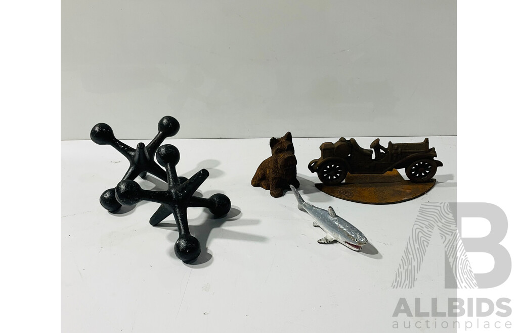 Collection of Cast Iron Decorative Figures Including Painted Shark, Dog and More