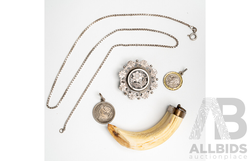 Vintage Hog Tusk Pendant with Vintage Sterling Silver Items (18.27 Grams 925)