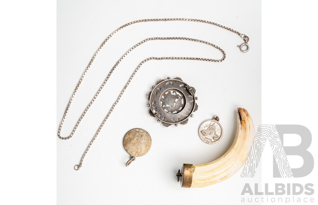 Vintage Hog Tusk Pendant with Vintage Sterling Silver Items (18.27 Grams 925)