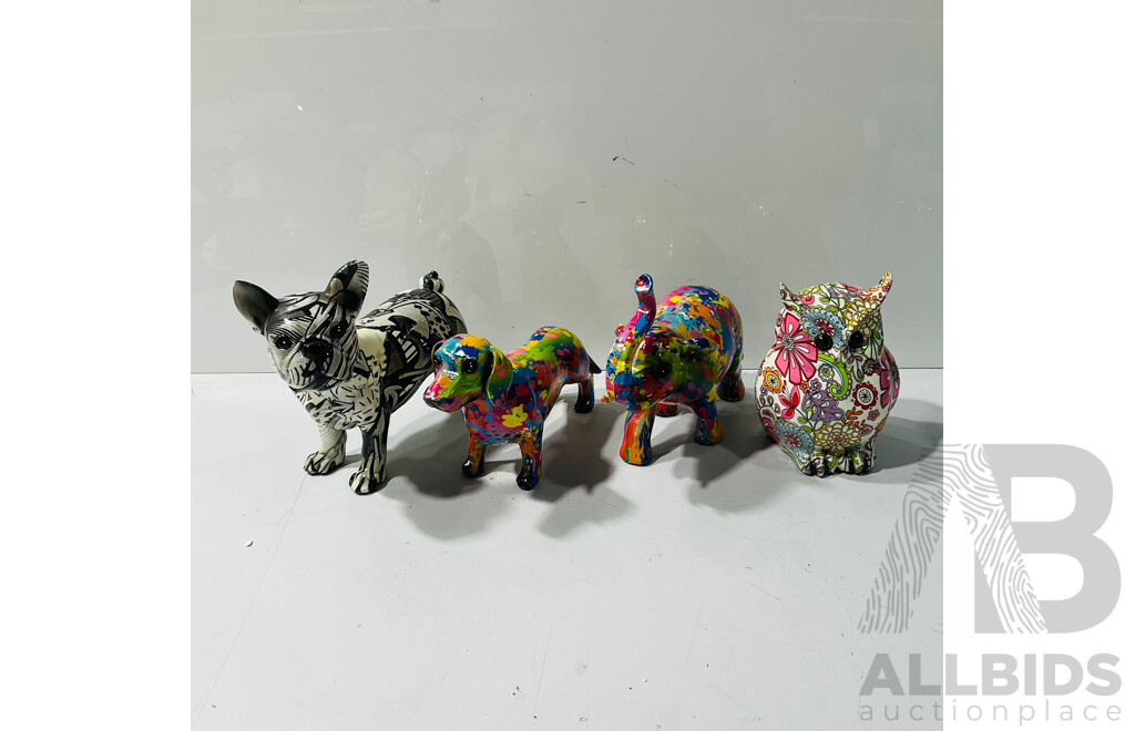 Collection of Interesting Composite Animal Statues Including Owl, Two Dogs and an Elephant