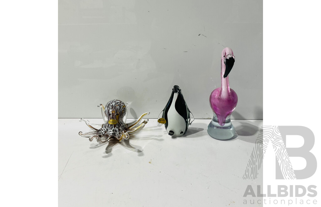 Collection of Three Rikaro Art Glass Animal Statues Including Octopus, Penguin and Flamingo