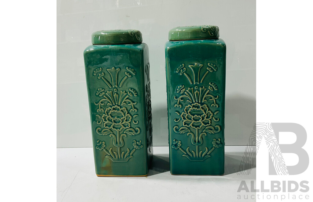 Pair of Glazed Ceramic Canisters with Raised Flower Design
