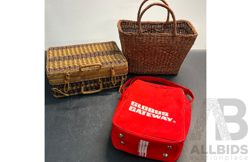 Vintage Globus Gateway Bag & Vintage EMRIK Bag & Wicker Picnic Suitcase/Basket - Lot of 5