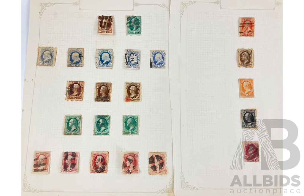 Collection of USA 1870's-80's Stamps Including Franklin, Washington, Webster, Hamilton, Garfield, Star Cancel, Denominations One to Thirty Cents